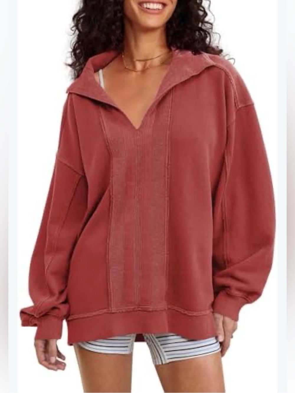 Aerie Rust-red oversized open-neck sweatshirt with a wide collar and front panel